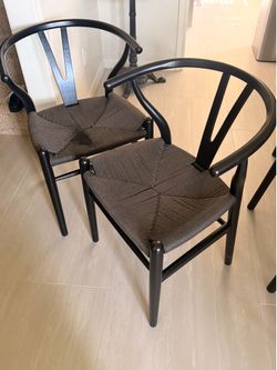Set of 2 Modern Wishbone Style Dining Chairs | Black Wood & Woven Cord Seat