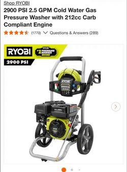 Ryobi 2900 PSI 2.5 GPM Cold Water Gas Pressure Washer with 212cc Carb Compliant Engine like new