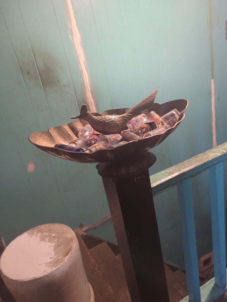 Brass Roadrunner And Brass Bowl With Glass Shot Glasses