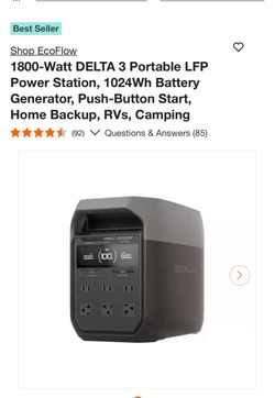 Shop EcoFlow 1800-Watt DELTA 3 Portable LFP Power Station, 1024Wh Battery Generator, Push-Button Start, Home Backup, RVs, Camping