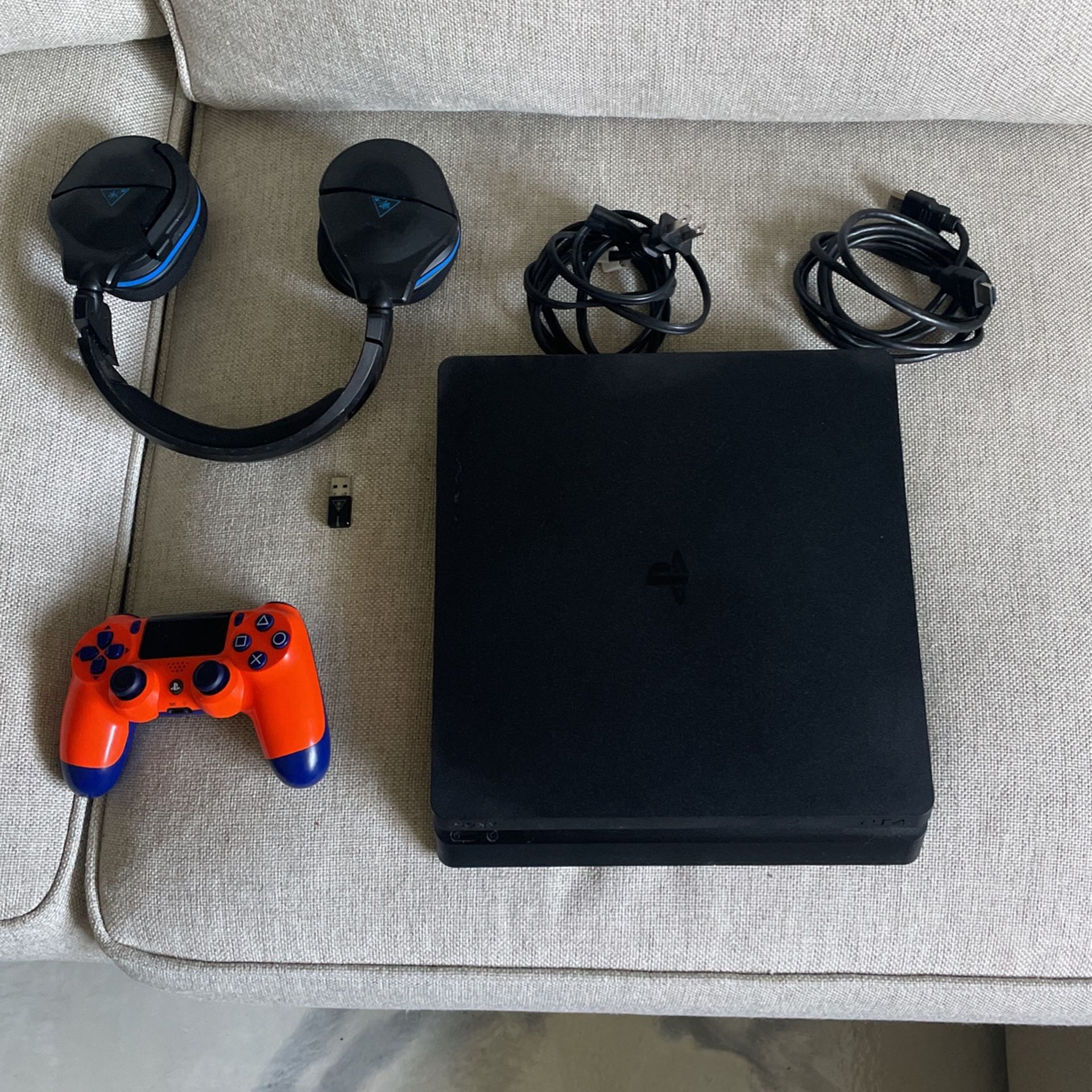 PS4 With Orange DualShock Controller And Turtle Beach Headset 