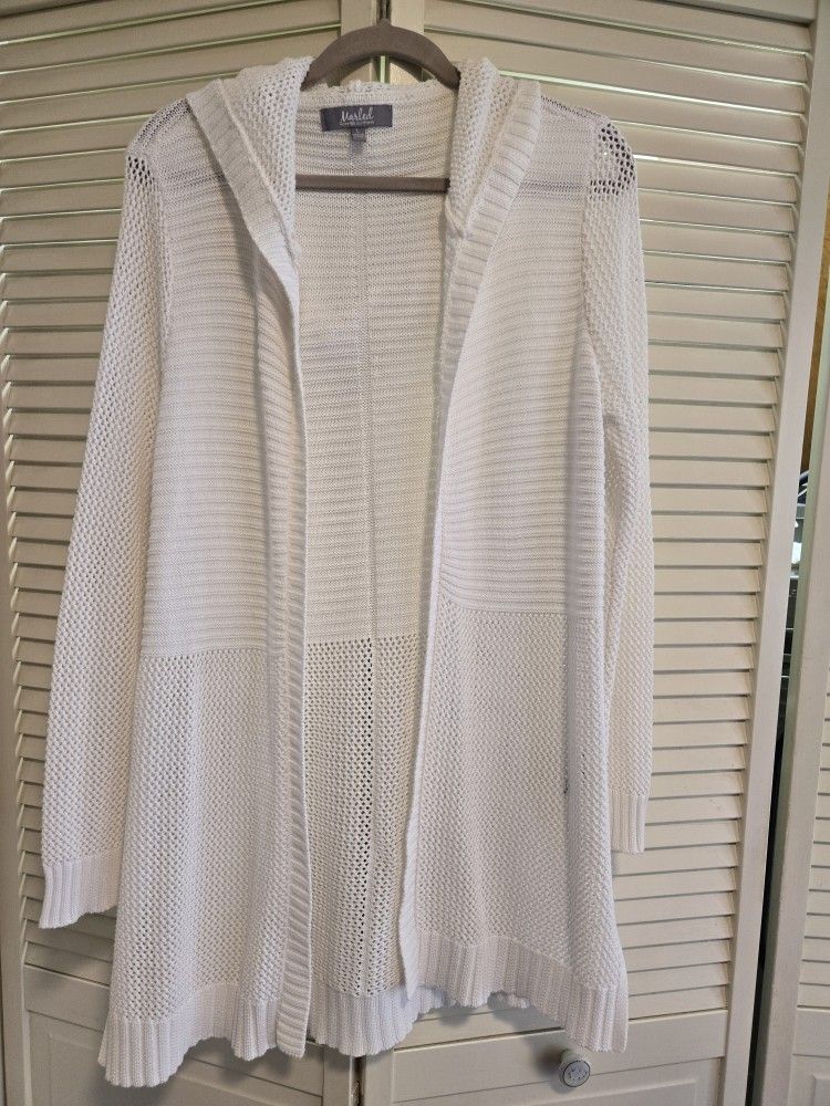 Cute long white sweater with hood size large only $10!
