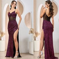 New With Tags Sequin & Mesh Corset Bodice Long Formal Dress & Prom Dress $199