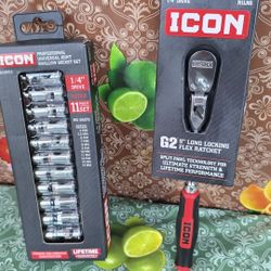 ICON 1/4 in. Drive Metric Professional Universal Joint Shallow Socket Set, 11-Piece
And  G-2 1/4 in drive  9-in long locking  flex  ratchet with comfo