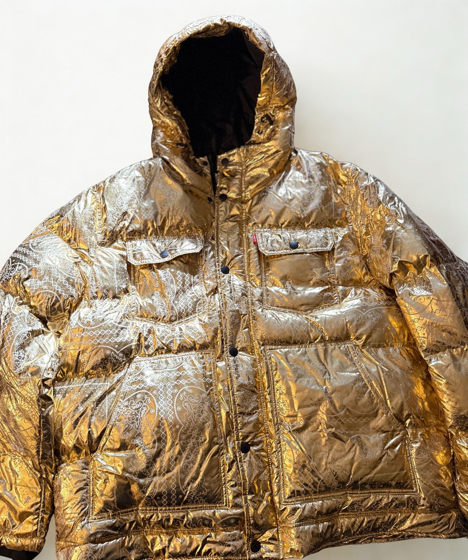 Gold Metallic Levi’s Paisley Puffer Jacket