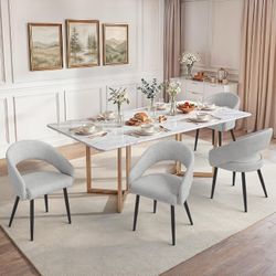 Set of 4 Dining Chairs, Upholstered Armrest Side Chairs, 18.5" Seat Height, Comfortable Curved Hollow Backrest, Light Grey
