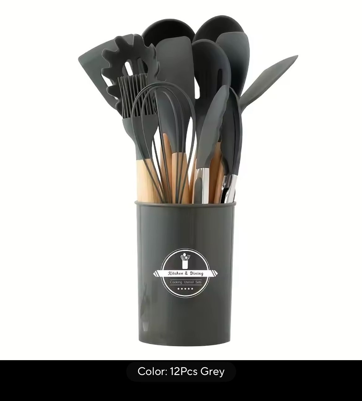 12Pcs Silicone Kitchen Utensils Cooking Wooden Handle Non Stick Pot Kitchenware Set Storage Bucket Silicone Kitchen Utensils