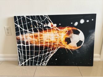 Fiery Soccer Ball Breaking Goal Net Canvas Print 16x24 Wall Art