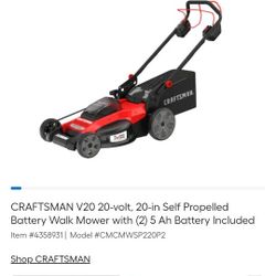CRAFTSMAN V20 20-volt, 20-in Self Propelled Battery Walk Mower with (2) 5 Ah Battery Included $300