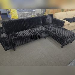 BLACK Fabric Reversible Click Clack Sectional Sofa w/ USB & Pillows