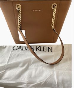 Calvin Klein Hayden Leather Tan Gold Hardware Top Zip Chain Tote