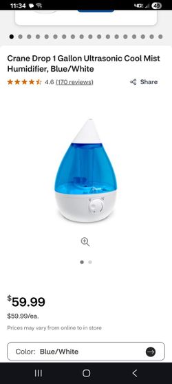 Crane Drop 1 Gallon Ultrasonic Cool Mist Humidifier, Blue/White

