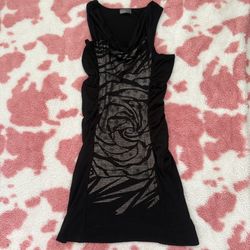 Y2K Inspired Black Ruched Bodycon Mini Dress – Sheer Mesh Metallic Rose Detail (Size S)