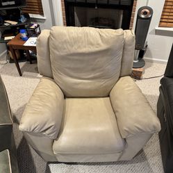 Comfortable Beige Leather Recliner and Loveseat