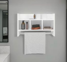 YSQCAR 25 in. W 15.7 in. H x 8.2 in. D Particle Board Rectangular Modern Bathroom Shelves in White with Towel Bar, Open Shelves