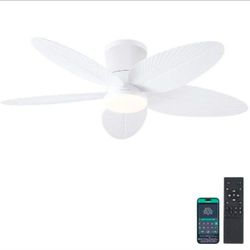 42 Inches Flush Mount Ceiling Fan with Light and Palm Leaf ,3CCT Dimmable LED Integrated