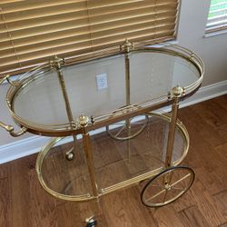 Vintage Mid Century Modern Two Tier Brass and Glass Rolling Tea/Bar Cart