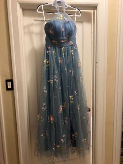 Floral Grey-Blue Embroidered Halter Maxi Dress