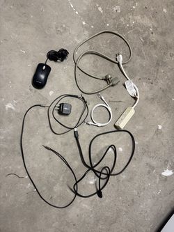 Assorted Cables and Mouse, Includes various cables and a Microsoft mouse.