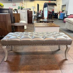 Tufted Faux Leather Upholstered Seat with Nailhead Trim Bench, Champagne（Grey）    💰80$