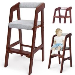 Wooden High Chair for Toddlers, Adjustable Dining Feeding Chair with Removable Cushion for Child, High Chair Grows with Your Kid with Steps for Kids D