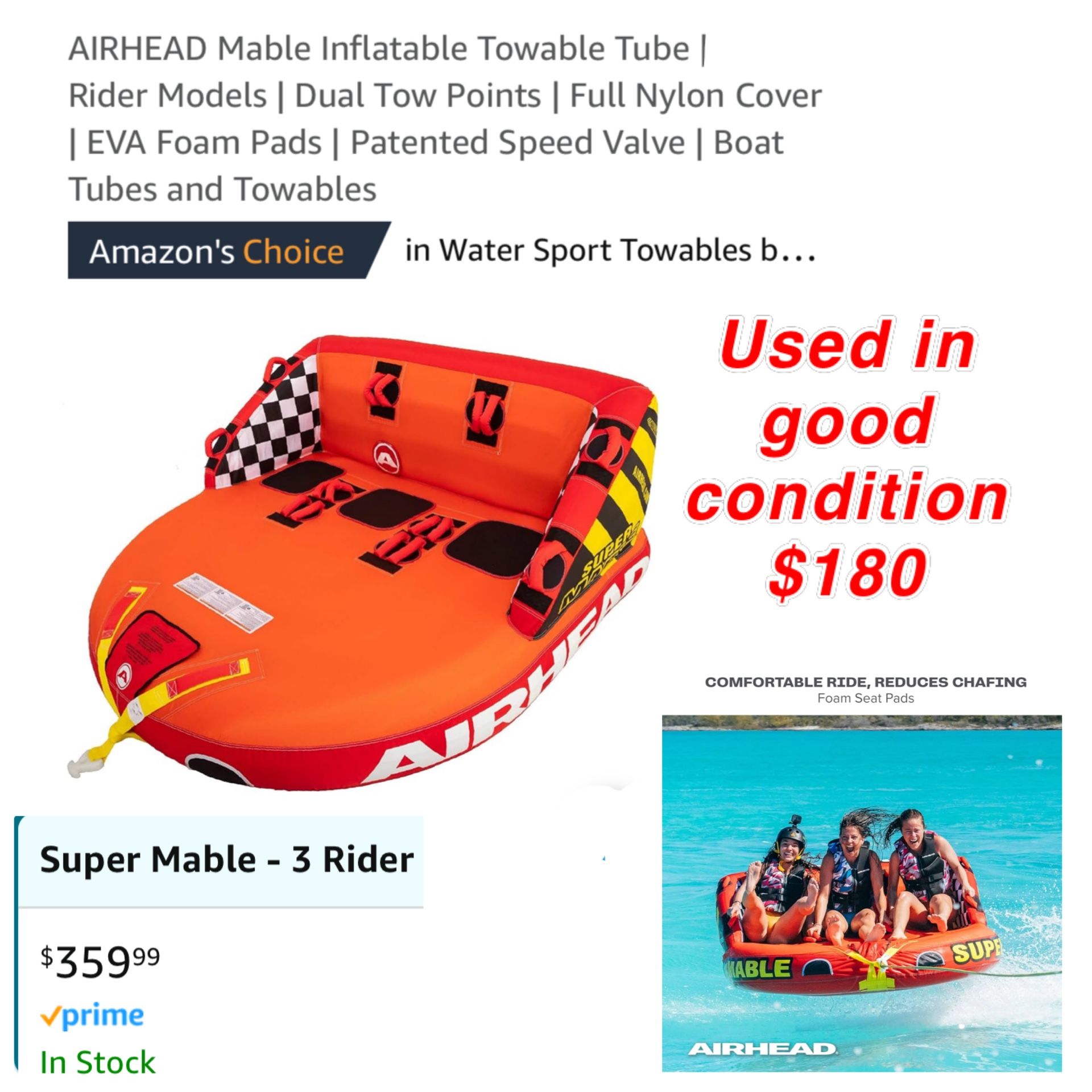 Used good AIRHEAD Mable Inflatable Towable Tube | 1-3 Rider Models | Dual Tow Points | Full Nylon Cover | EVA Foam Pads | Patented Speed Valve | $180