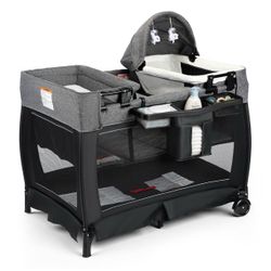 3-in-1 Foldable Baby Playard with Bassinet and Changing Table for Newborn, Black brand new in box $69 S28（7）