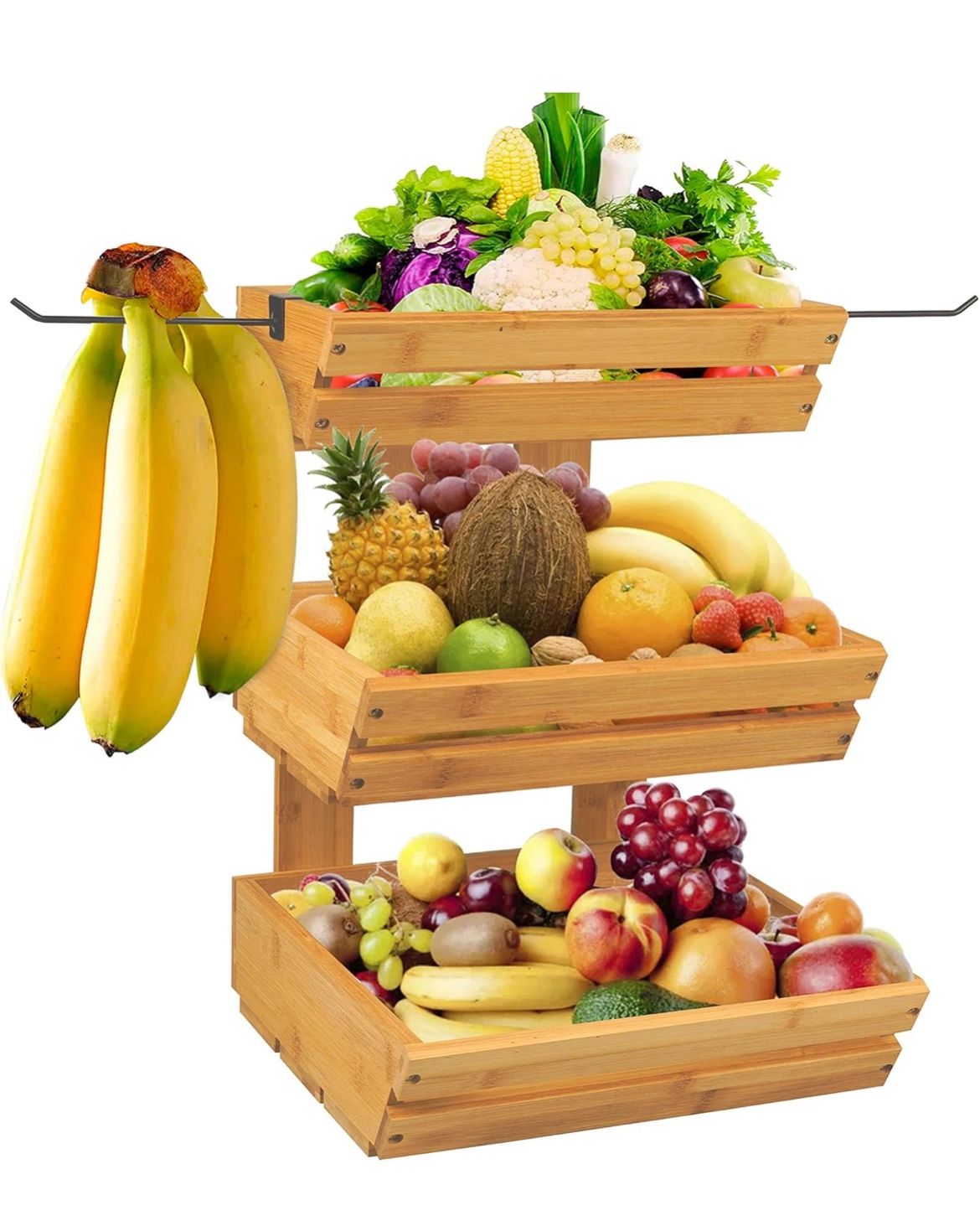 3 Tier Standing Bamboo Basket With Banana Hangers, for Fruits, vegetables, Snacks, or Bread - For Table, Kitchen, or Counters Tops.