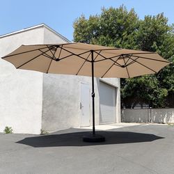 (New) $130 Large 15x9 FT Double Sided Umbrella with Weight Base set (Beige color) 
