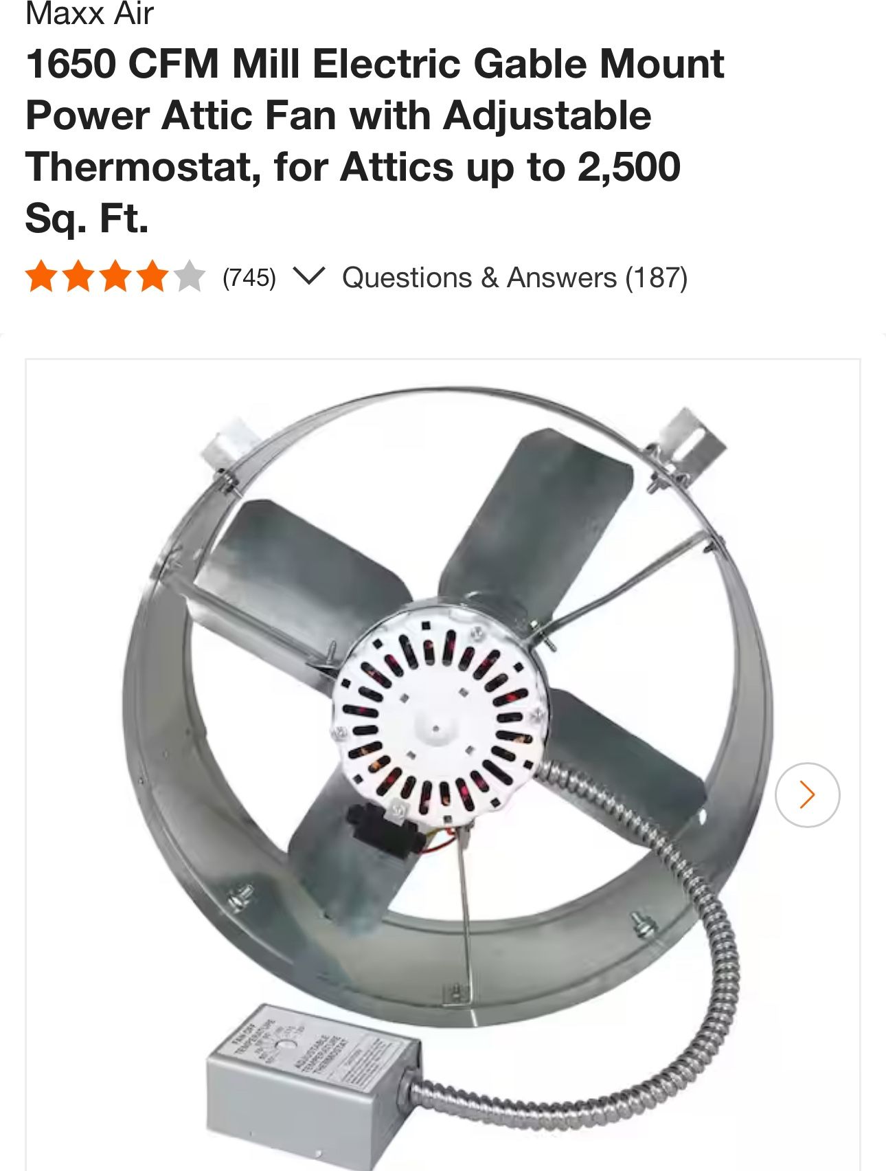 1650 CFM Mill Electric Gable Mount Power Attic Fan 