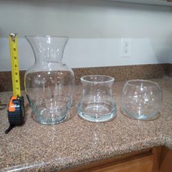 3 Glass Vases heights from left toright: 11", 5.5", 5". $7 each -OR- all 3 vases for $15