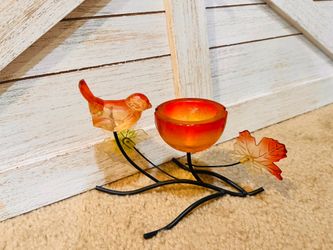 Acrylic Candle Holder Red & Yellow Bird Leaf and Metal Branch Base 6.5L by 4H.