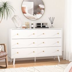 White and Gold Dresser 6 Drawer for Bedroom, Modern White Dresser with Gold Handles, Chest of Drawer