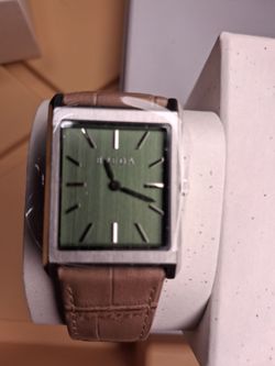 Breda Square Watch Green Dial Brown Leather Strap