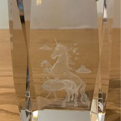 3-D Etched  unicorn paperweight Crystal 3 1/2” x 2”