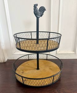 2-Tier Metal Fruit Basket Stand with Rooster Top