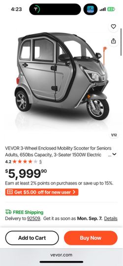 VEVOR 3-Wheel Enclosed Mobility Scooter for Seniors Adults, 650lbs Capacity, 3-Seater 1500W Electric