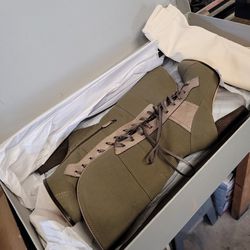 NIB Reed Krakoff Boots 36 Mid Calf / Calf Green Moss And Taupe Fold Over Boots