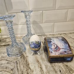 Vtge  Blue glass Musical  Trinket  Box Guardian angel& Trinket Porcelain  egg and  Ice blue  Candlesticks 💙