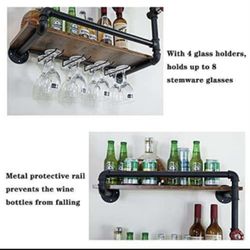 Wine Rack Wall Mounted 2 Tier, Hanging Floating Small Mini Bar Liquor