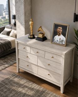 Farmhouse with Modern Artistry Seven Drawer White Dresser.