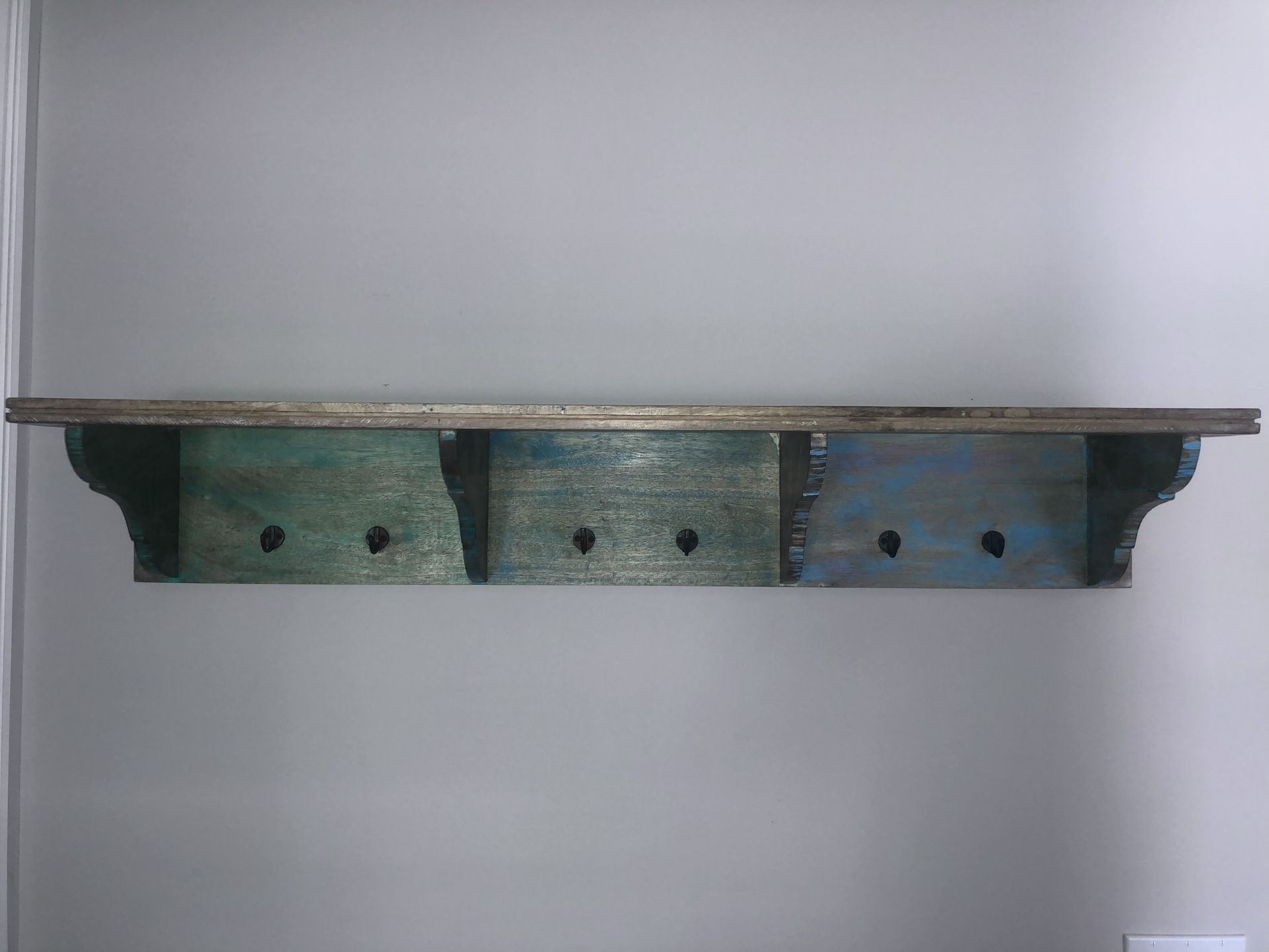 Rare 51” Handmade Coastal Style Solid Mango Wood Shelf with Hooks