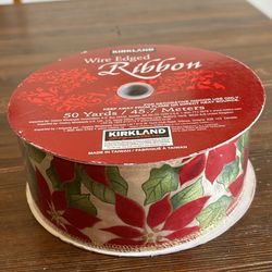Kirkland wire edged ribbon 50 yds 2.5” Holiday Poinsettias with beautiful gold edging.  New on roll. Unopened. 