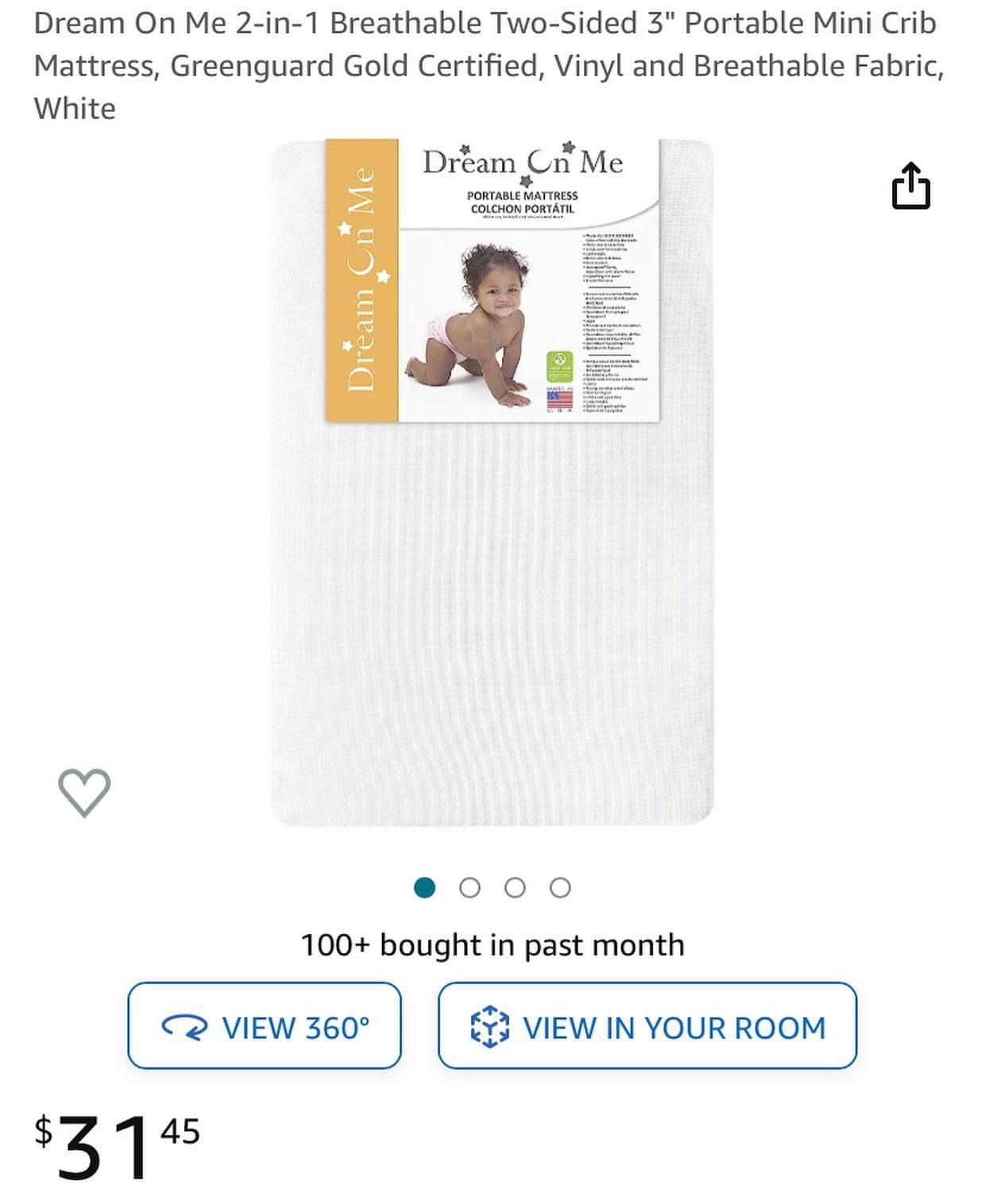Dream On Me 2-in-1 Breathable Two-Sided 3” Portable Mini Crib Mattress, Greenguard Gold Certified, Vinyl and Breathable Fabric, White Shipping and Loc