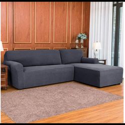 Subrtex 2-Piece L Shape Sofa Cover Grid Sectional Right Chaise Cover