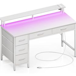 N93-Computer Desk with Power Outlets & LED Light, 47 inch Home Office Desk with 5 Drawers, Writing Desk with Monitor Stand, Work Desk for Home Office,