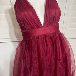 New Small long red burgundy tulle v neck dress gown boho evening photo