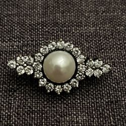 Vintage Sterling Silver Rhinestone & Faux Pearl Brooch