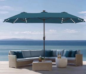 13ft Outdoor Patio Umbrella with Solar Lights, Large Double-sided Umbrella with LED Lights, Perfect for Garden, Deck, Pool, Cyan Blue