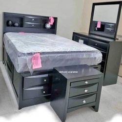 Black Storage Platform Bedroom Set,Bed,dresser,mirror,Nightstand//Mattress Sold Separately 
